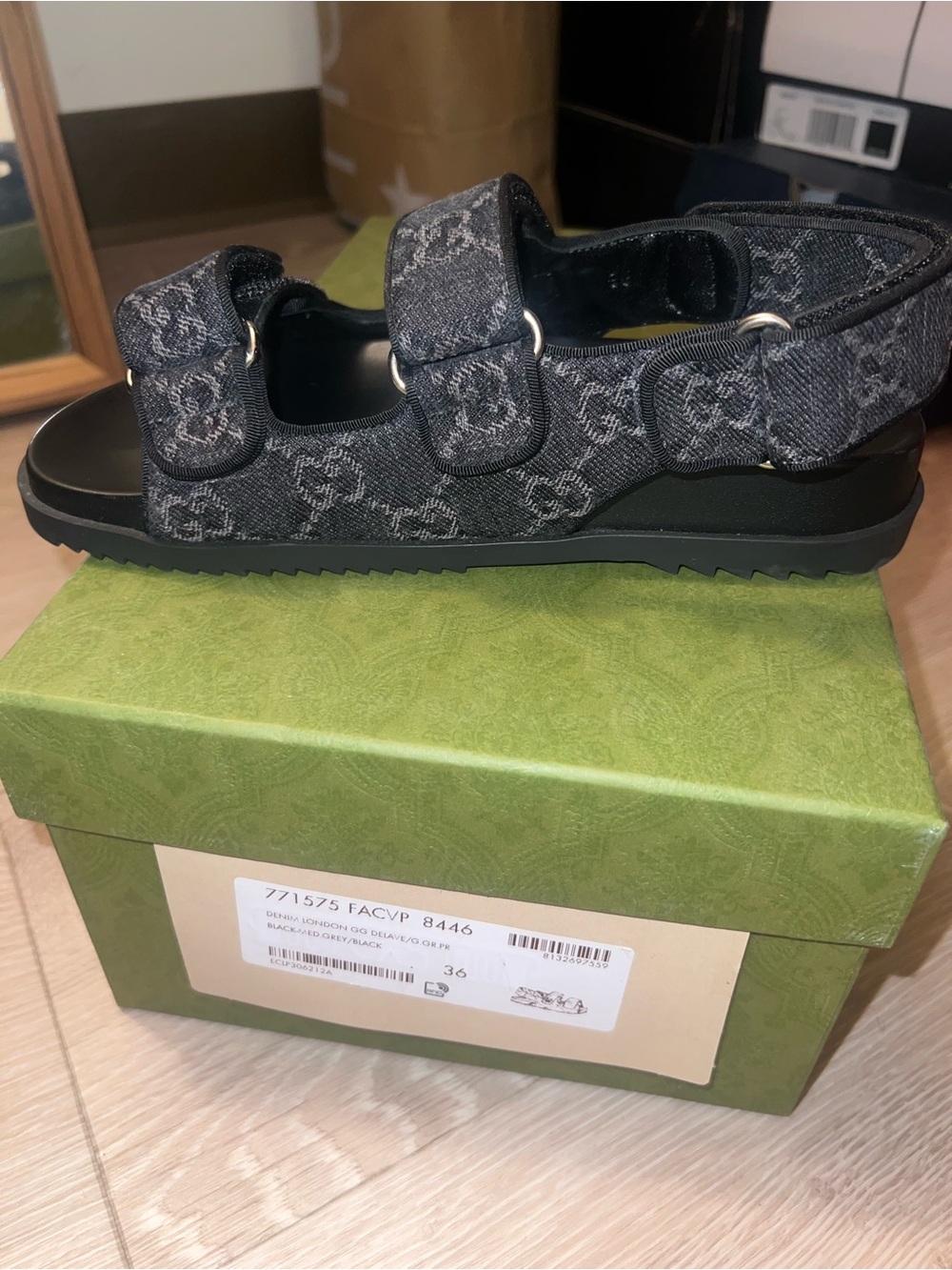 Gucci Black Gray GG Canvas Double-Strap Sandals